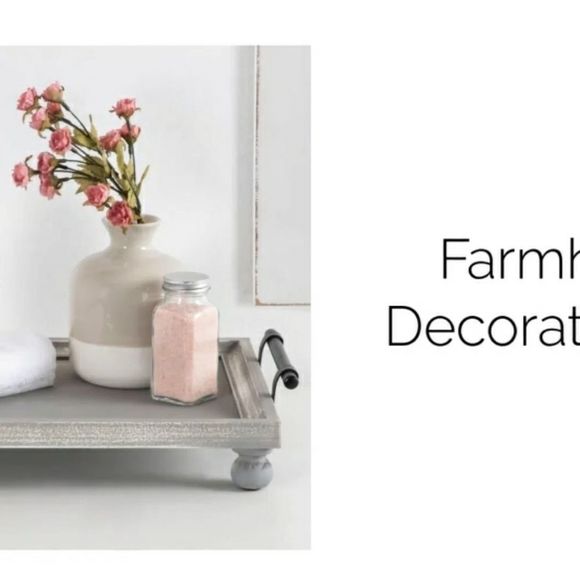 Off White Solid Wood Tray with Metal Handles & Feet - 16'' W x 12'' D x 3.75'' H - Picture 3 of 8